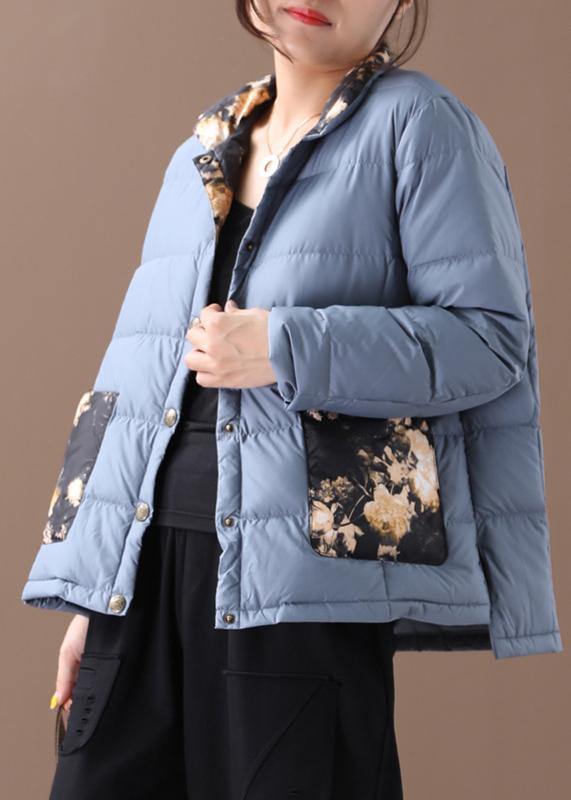Blue Patchwork Print Warm Winter Coat Winter Stand Collar Pockets Overcoat