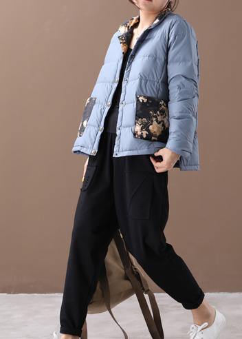 Blue Patchwork Print Warm Winter Coat Winter Stand Collar Pockets Overcoat