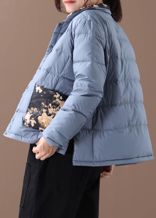 Blue Patchwork Print Warm Winter Coat Winter Stand Collar Pockets Overcoat