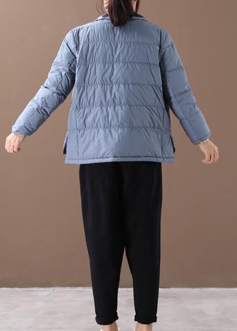 Blue Patchwork Print Warm Winter Coat Winter Stand Collar Pockets Overcoat