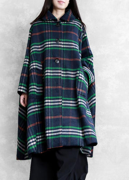 Blue Plaid Wool Overcoat Clothing Peter Pan Collar Large Hem Coats