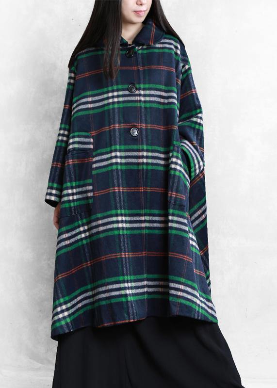 Blue Plaid Wool Overcoat Clothing Peter Pan Collar Large Hem Coats