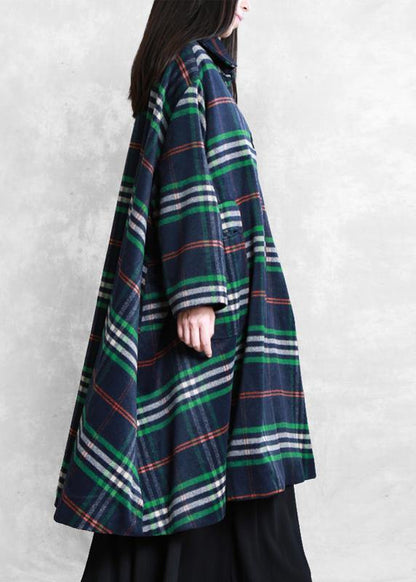 Blue Plaid Wool Overcoat Clothing Peter Pan Collar Large Hem Coats