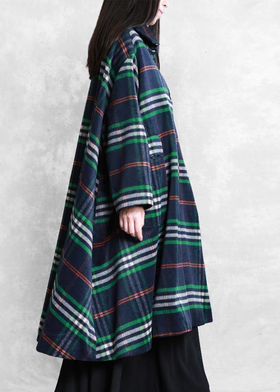 Blue Plaid Wool Overcoat Clothing Peter Pan Collar Large Hem Coats