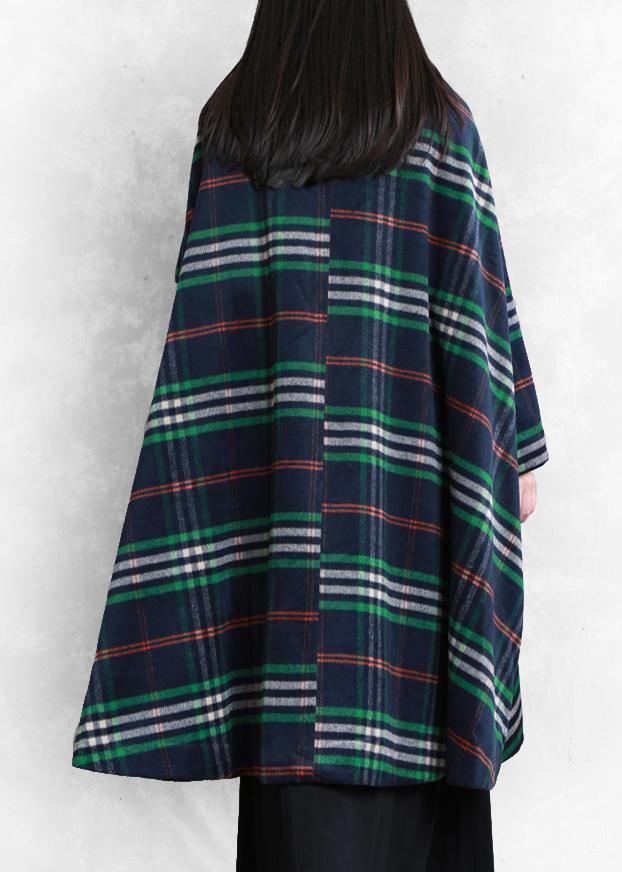 Blue Plaid Wool Overcoat Clothing Peter Pan Collar Large Hem Coats