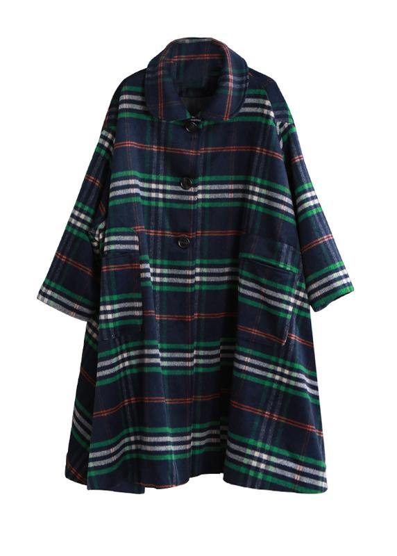 Blue Plaid Wool Overcoat Clothing Peter Pan Collar Large Hem Coats