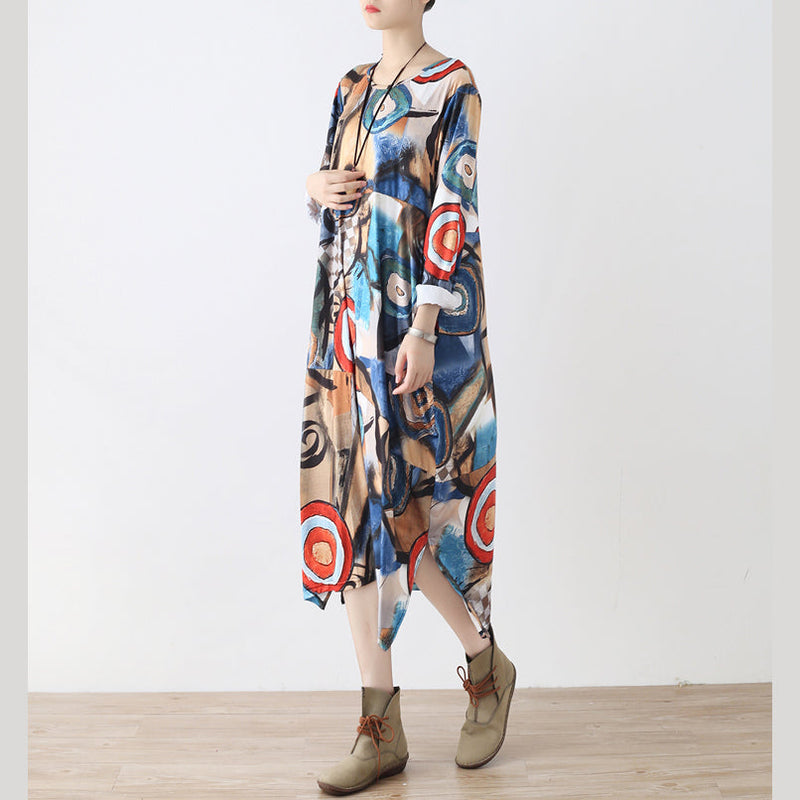 Blue Prints Cotton Dresses Clothing Side Open Traveling Clothing O Neck Kaftans