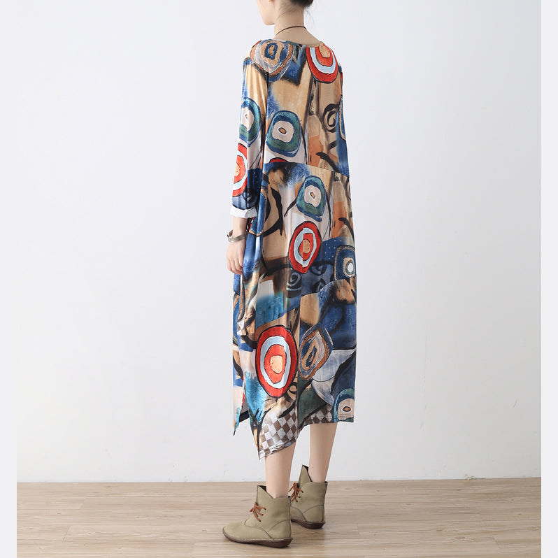 Blue Prints Cotton Dresses Clothing Side Open Traveling Clothing O Neck Kaftans
