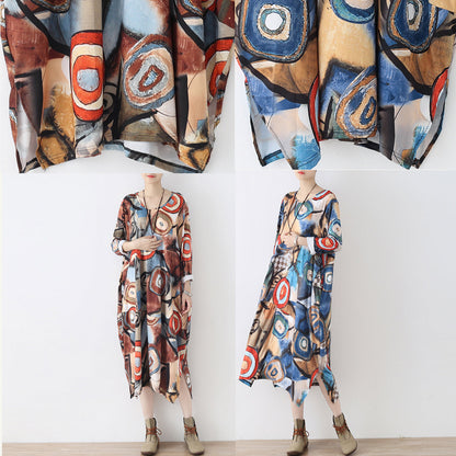 Blue Prints Cotton Dresses Clothing Side Open Traveling Clothing O Neck Kaftans