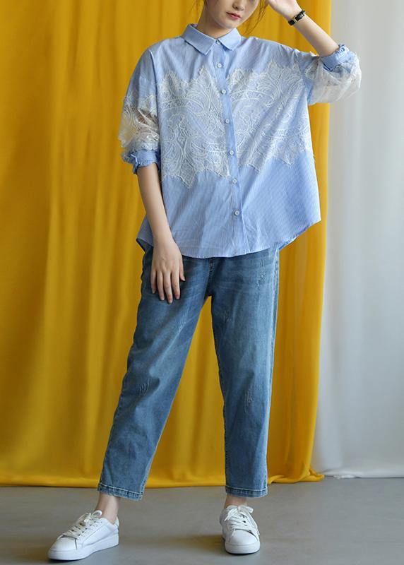 Blue Striped Cotton Blouse Lace Patchwork Silhouette Fall Shirt