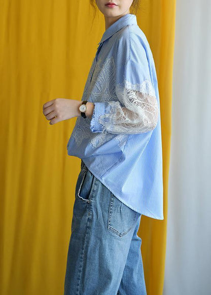 Elegant blue striped cotton Blouse lace patchwork silhouette fall shirt