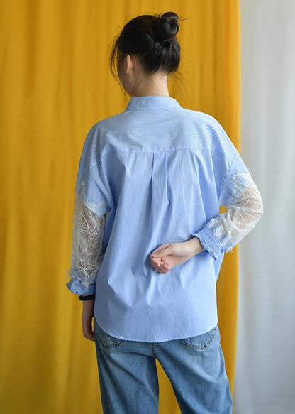 Elegant blue striped cotton Blouse lace patchwork silhouette fall shirt