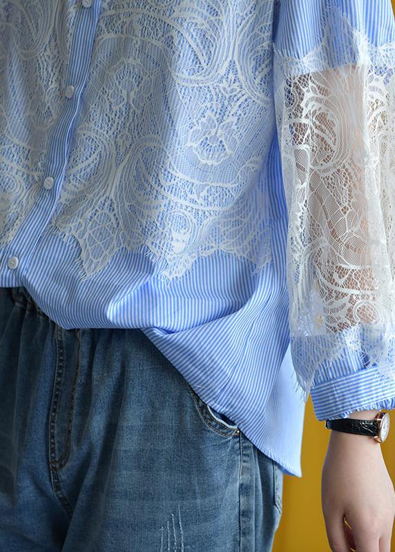 Elegant blue striped cotton Blouse lace patchwork silhouette fall shirt