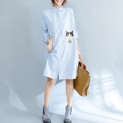 Blue Striped Cotton Knee Dress Loose Fitting Traveling Dress Fine Patchwork Cats Prints Shirt Dress