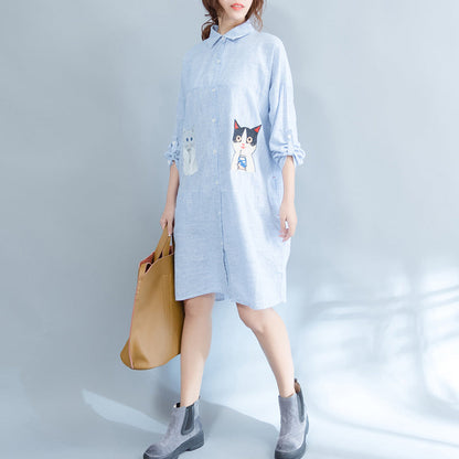 Blue Striped Cotton Knee Dress Loose Fitting Traveling Dress Fine Patchwork Cats Prints Shirt Dress