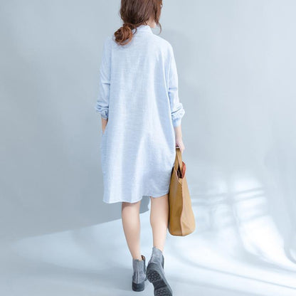 Blue Striped Cotton Knee Dress Loose Fitting Traveling Dress Fine Patchwork Cats Prints Shirt Dress