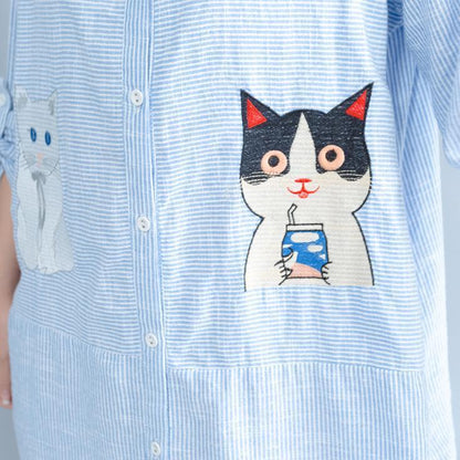 Blue Striped Cotton Knee Dress Loose Fitting Traveling Dress Fine Patchwork Cats Prints Shirt Dress