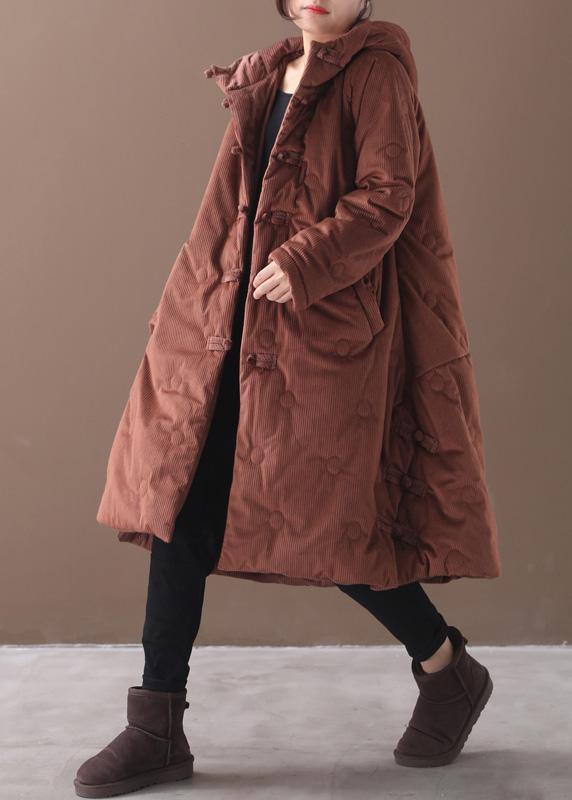 Brown Outwear Warm Winter Coat Chinese Button Hooded Coats