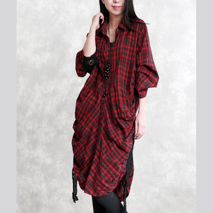 Burgundy Plaid Natural Linen Shirt Dress Traveling Dress Long Sleeve Cinched Turn-down Collar Patchwork Linen Shirt Dresses