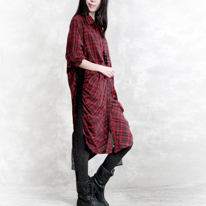 Burgundy Plaid Natural Linen Shirt Dress Traveling Dress Long Sleeve Cinched Turn-down Collar Patchwork Linen Shirt Dresses