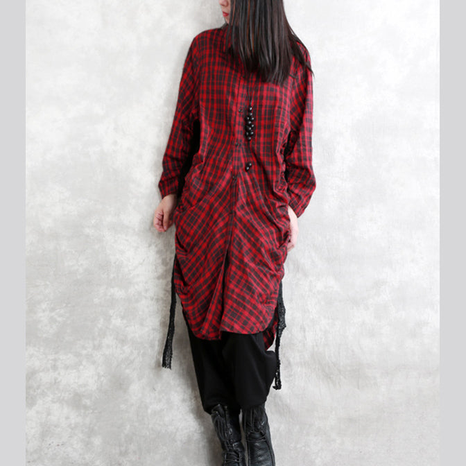 Burgundy Plaid Natural Linen Shirt Dress Traveling Dress Long Sleeve Cinched Turn-down Collar Patchwork Linen Shirt Dresses