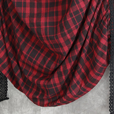 Burgundy Plaid Natural Linen Shirt Dress Traveling Dress Long Sleeve Cinched Turn-down Collar Patchwork Linen Shirt Dresses