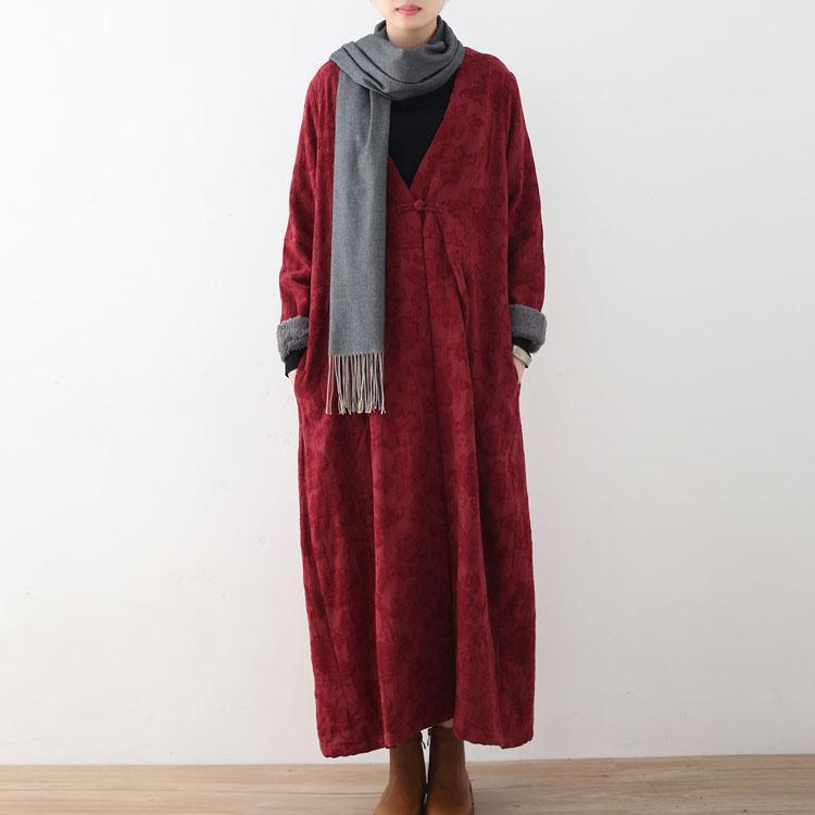 Burgundy Cotton Jackets Maxi Coat Trench Coat Thick