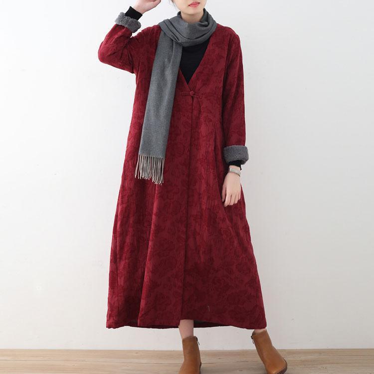 Burgundy Cotton Jackets Maxi Coat Trench Coat Thick