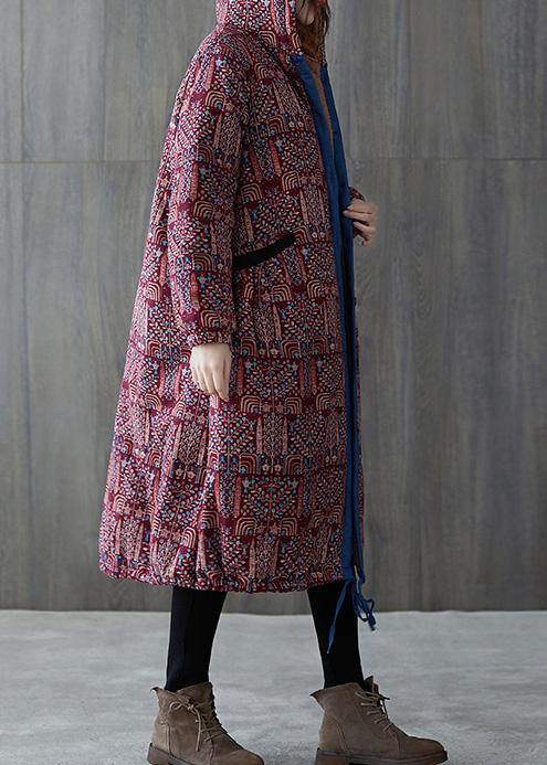 Burgundy Print Overcoat Warm Hooded Drawstring Winter Coats