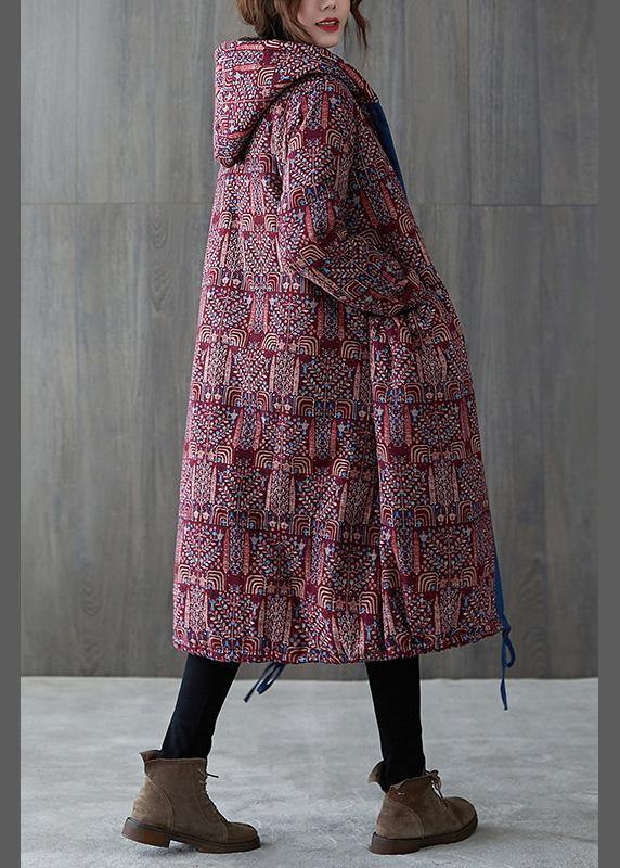 Burgundy Print Overcoat Warm Hooded Drawstring Winter Coats
