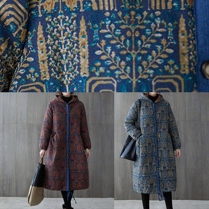 Burgundy Print Overcoat Warm Hooded Drawstring Winter Coats