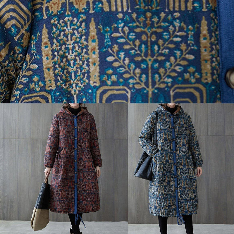 Burgundy Print Overcoat Warm Hooded Drawstring Winter Coats