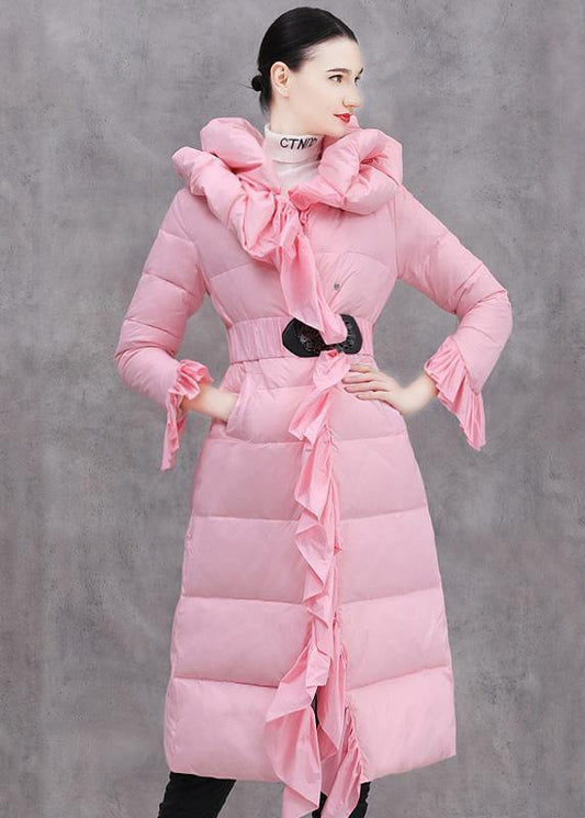 Winter Jacket Ruffles Jackets Pink Tie Waist Duck Down Coat