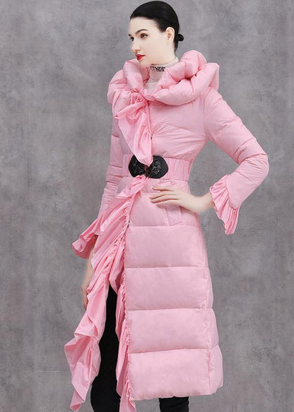 Winter Jacket Ruffles Jackets Pink Tie Waist Duck Down Coat
