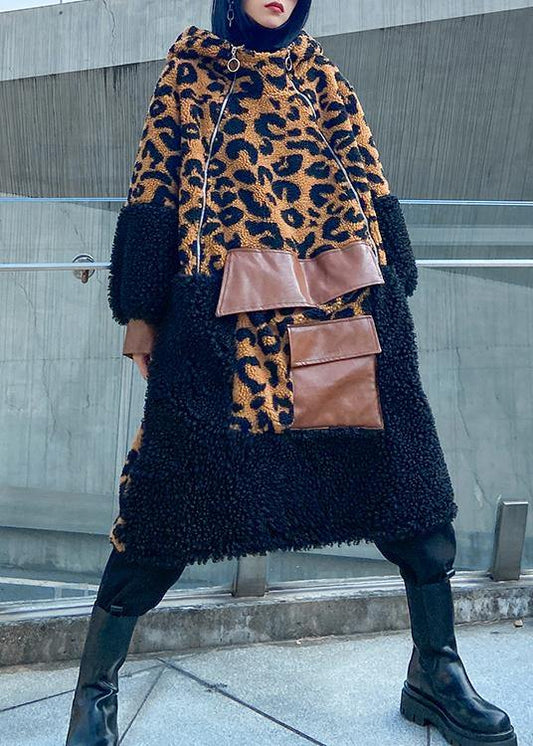 Chocolate Leopard Woolen Coat Winter Coat Hooded Zippered Coat