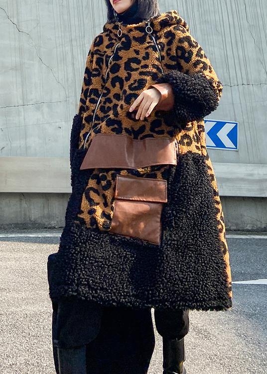 Chocolate Leopard Woolen Coat Winter Coat Hooded Zippered Coat