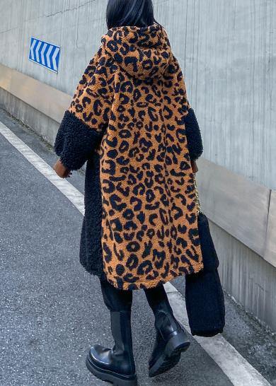 Chocolate Leopard Woolen Coat Winter Coat Hooded Zippered Coat
