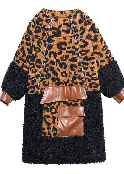Chocolate Leopard Woolen Coat Winter Coat Hooded Zippered Coat
