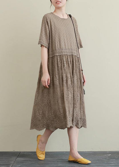 Chocolate Embroidery Cotton Tunics Patchwork Hollow Out Maxi Dress