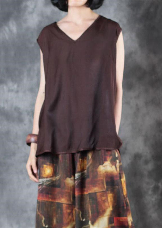 Chocolate Linen Vest Linen T Shirts Sleeveless V Neck Linen Clothing T Shirt