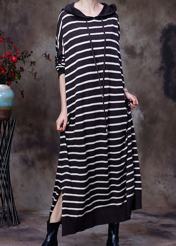 Chocolate Drawstring Hooded Striped Knit Long Dresses Spring