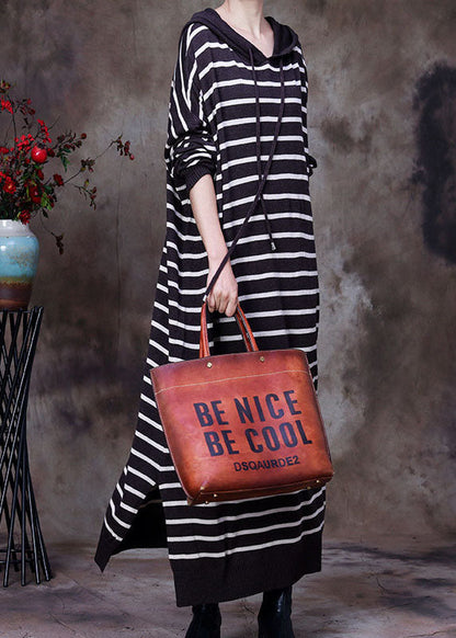 Chocolate Drawstring Hooded Striped Knit Long Dresses Spring