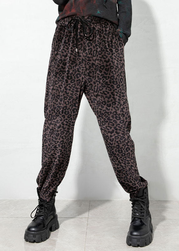 Chocolate Drawstring Pockets Leopard Corduroy Pants Spring