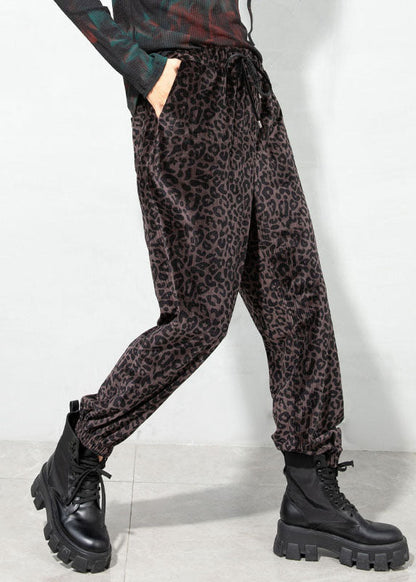 Chocolate Drawstring Pockets Leopard Corduroy Pants Spring
