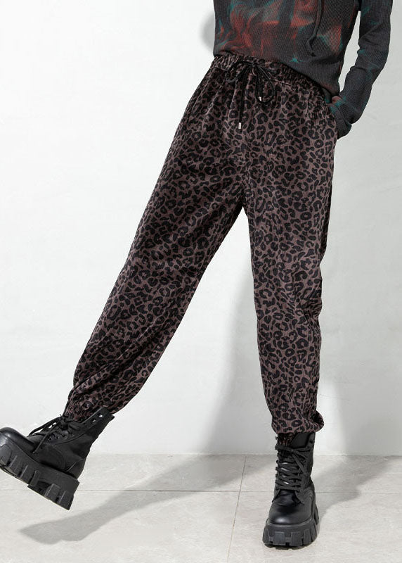 Chocolate Drawstring Pockets Leopard Corduroy Pants Spring
