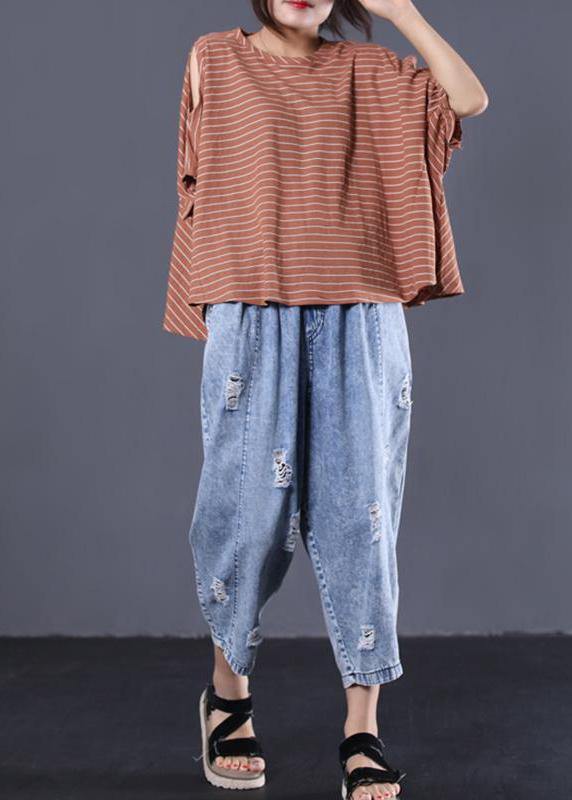 Cotton Blouse Omychic Striped Batwing Sleeve Loose Breathable T-shirt