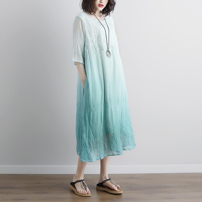 Cotton Blouse Oversize Fake Two-piece Pockets Retro Green Summer Dress
