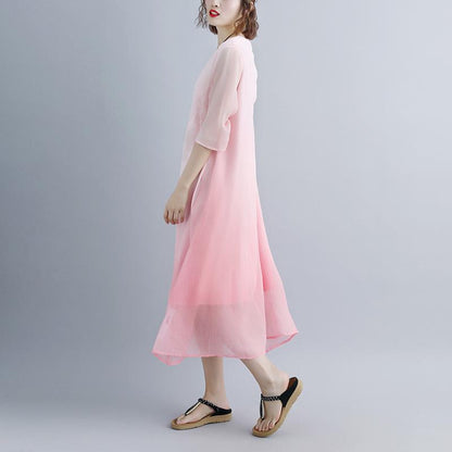Cotton Blouse Oversize Fake Two-piece Pockets Retro Green Summer Dress