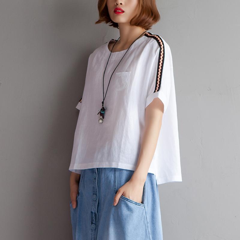 Cotton Linen Blouse Clothing High-low Hem Summer Short Sleeve White Blouse