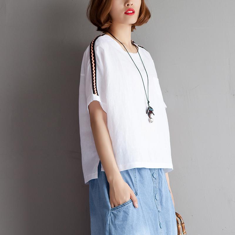 Cotton Linen Blouse Clothing High-low Hem Summer Short Sleeve White Blouse